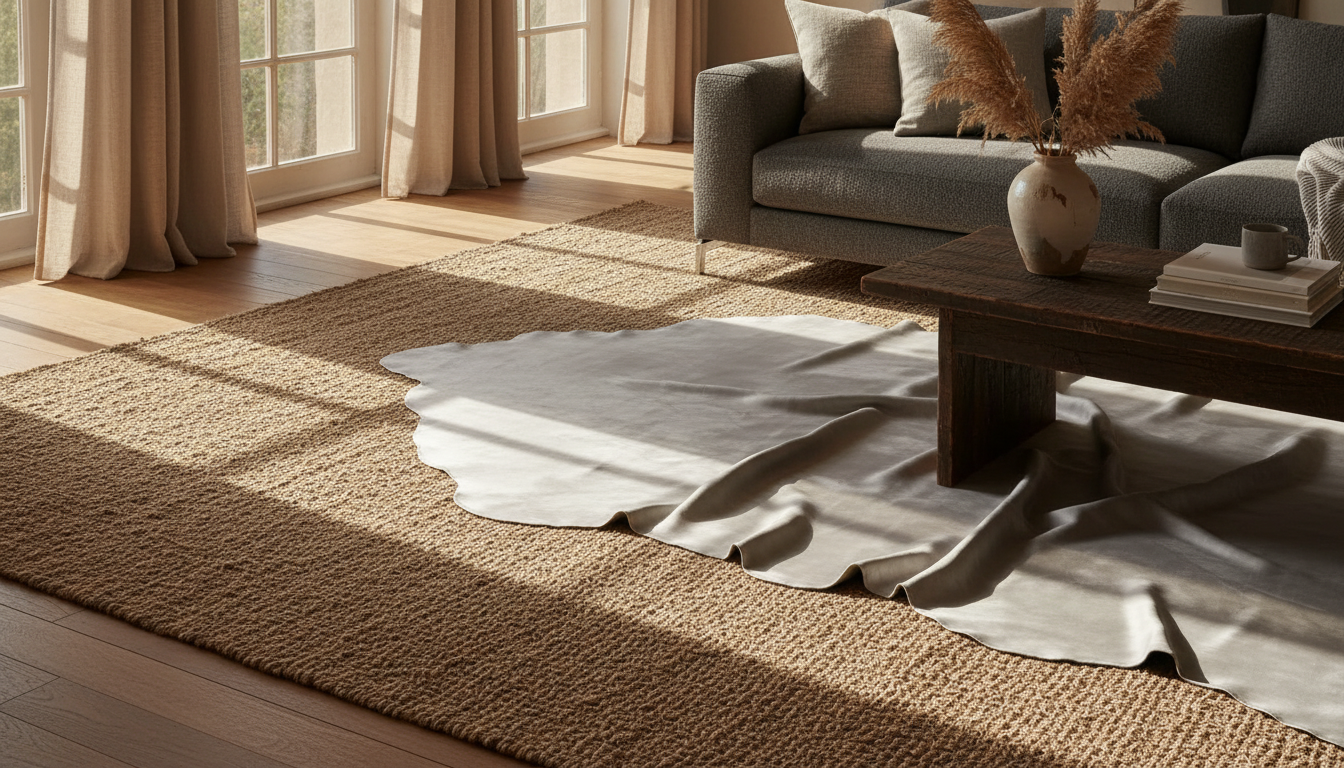 Layered jute and silk rugs illustrating the Earth and Water elements in Feng Shui design.