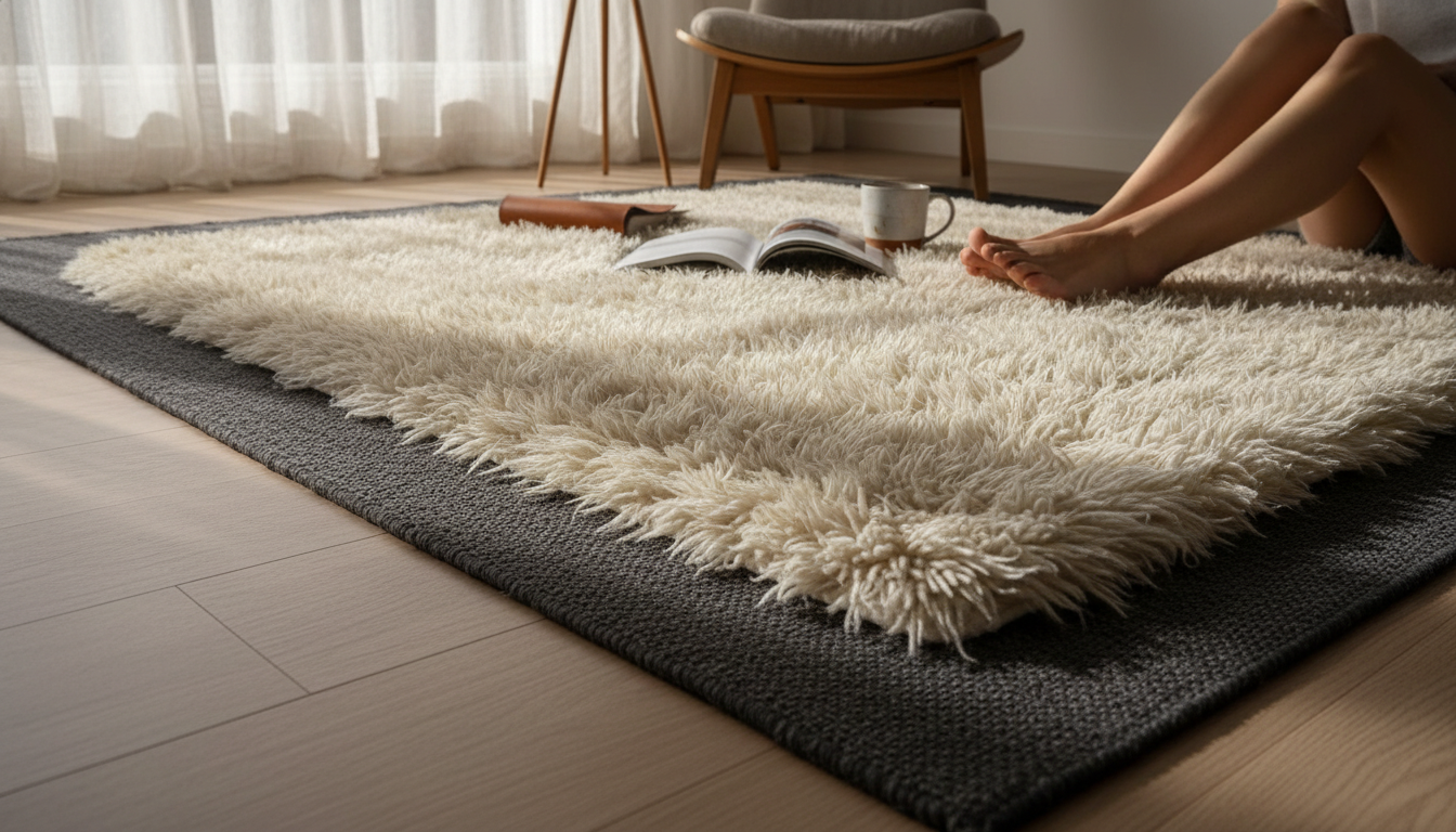 Side view of a high-pile rug layered over a flat-weave rug, emphasizing the depth and height difference.