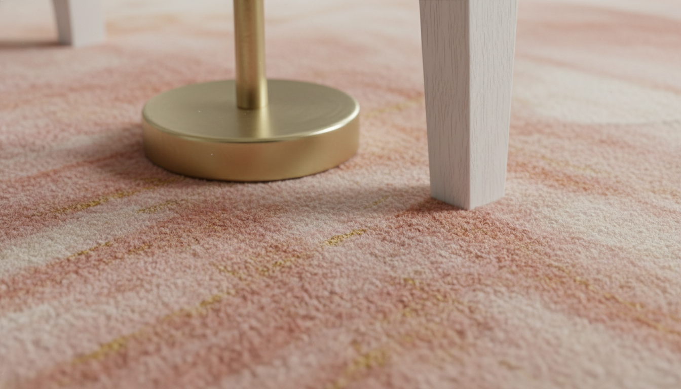 Macro view of a dusty rose wool rug with watercolor texture and a white oak desk leg.