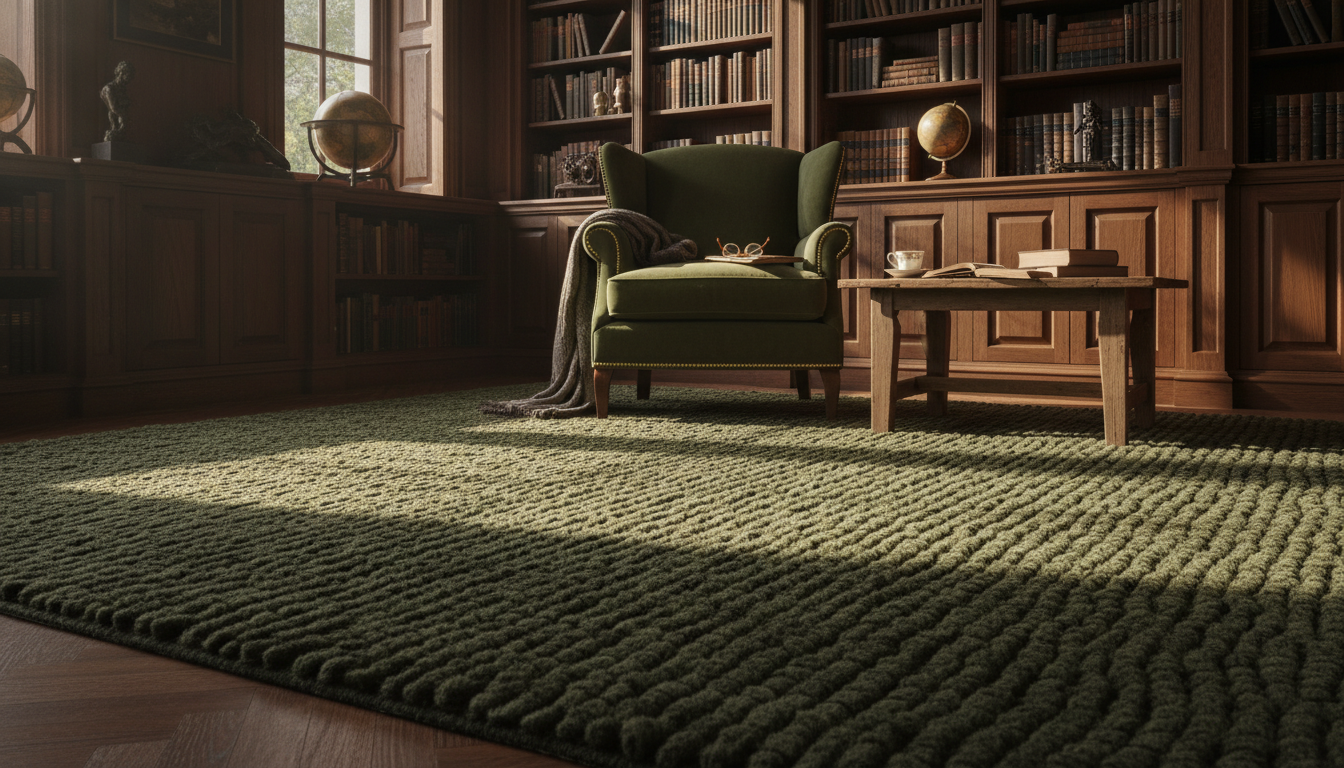Luxury dark moss-colored peat fiber rug 2026 in a high-end library interior.