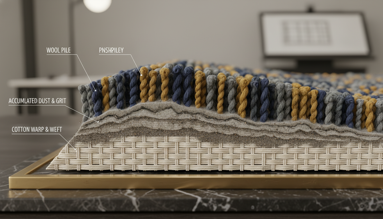Architectural cross-section of a rug showing how dust particles settle deep into the backing, causing internal abrasion.