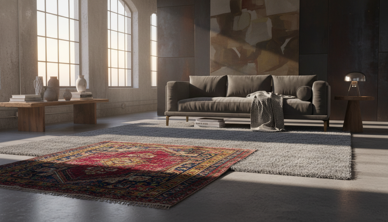 An antique Persian runner layered over a modern felt rug in a contemporary loft, showcasing the blend of old and new design styles.
