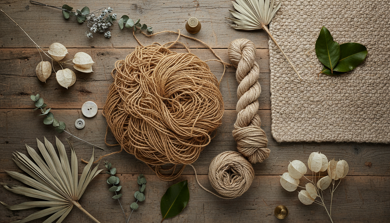 An editorial flat lay featuring various plant-based regenerative fibers like jute and hemp in their raw and finished textile states.