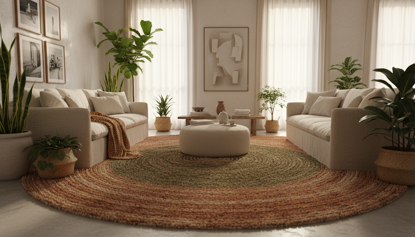 Expansive modern boho living space centered around a large wellness-focused area rug.