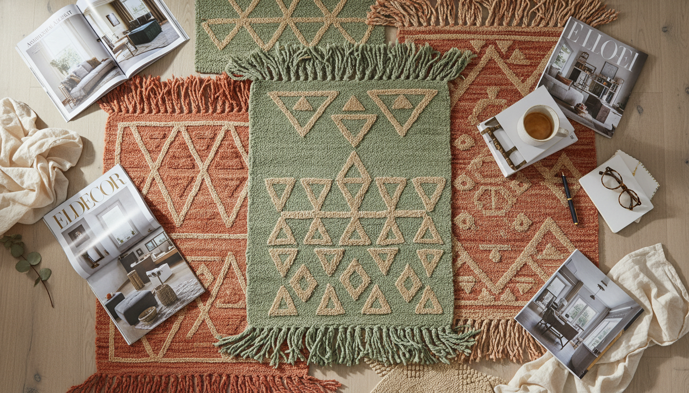 Top-down view of bohemian rug samples for 2026 featuring earth tones and intricate geometric textures.