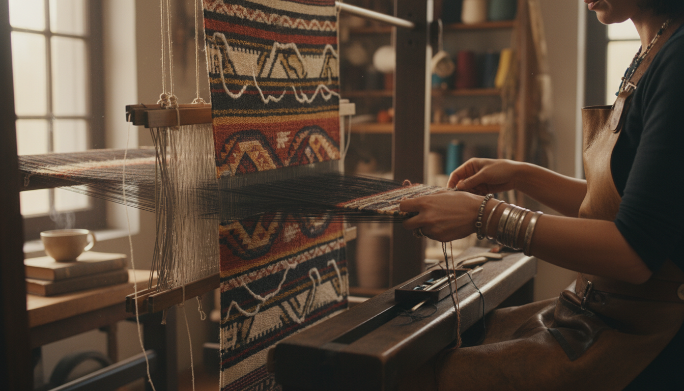 Close-up of artisan hands weaving modern graphene technology into a traditional hand-knotted rug design.