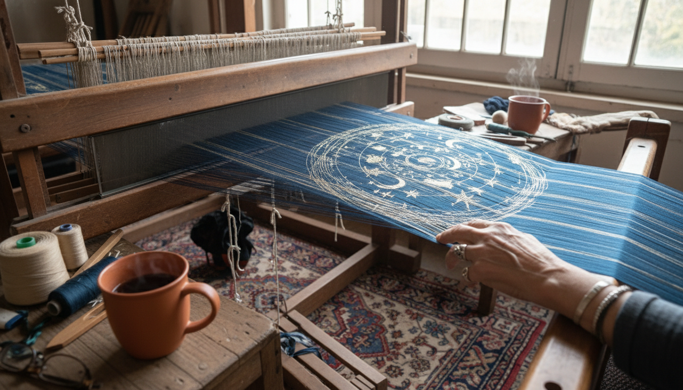 Master artisan hand-weaving a sustainable bamboo silk rug with celestial motifs for the 2026 collection.