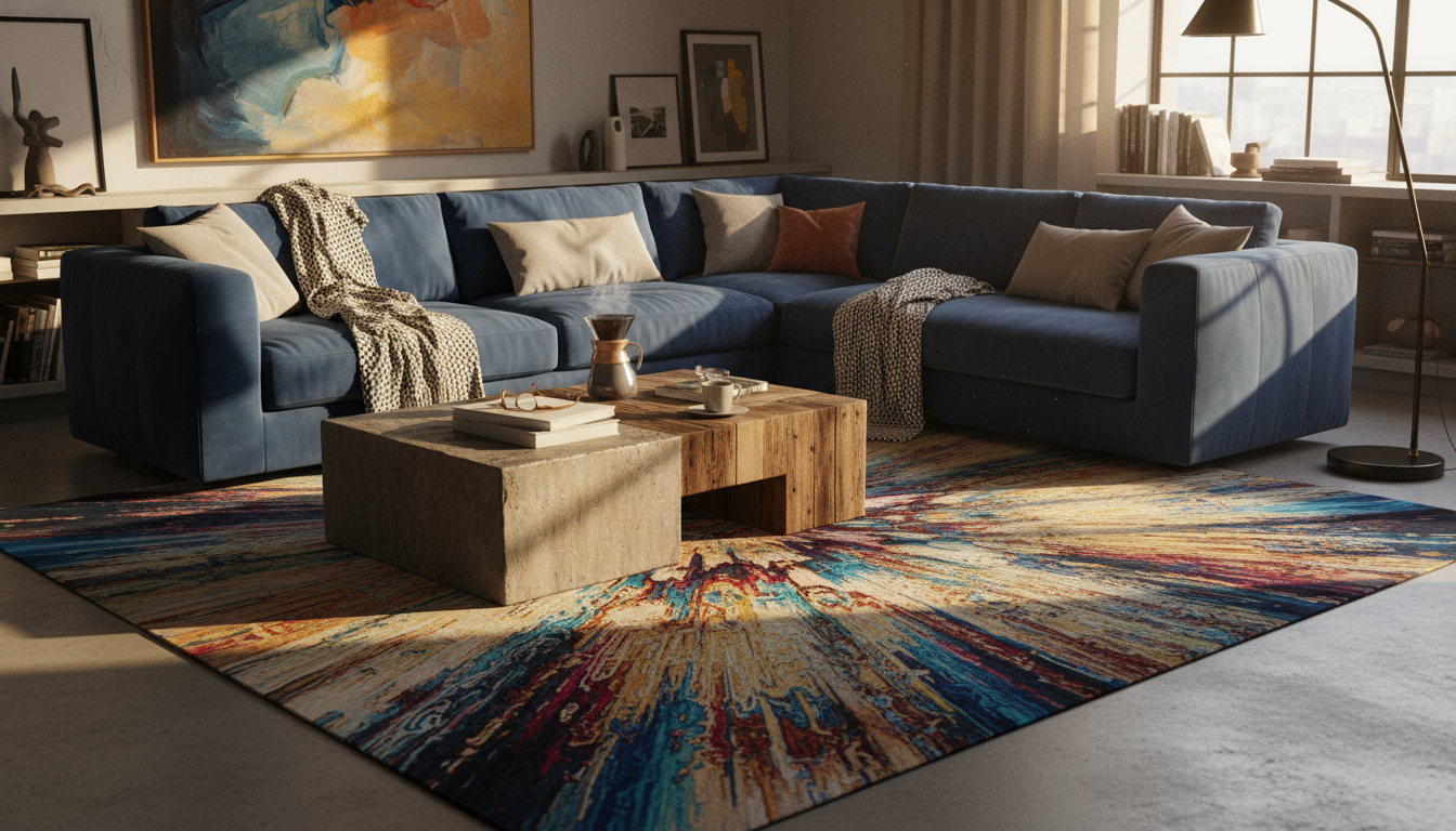 A sophisticated reading nook at sunset with a velvet sofa and an avant-garde glitch Persian rug.