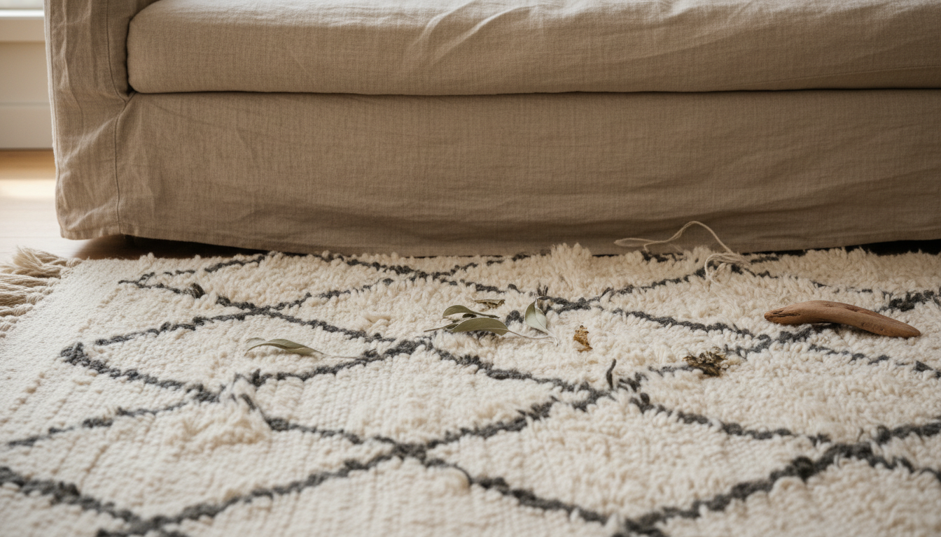 Minimalist monochrome cream rug and linen furniture texture close-up.