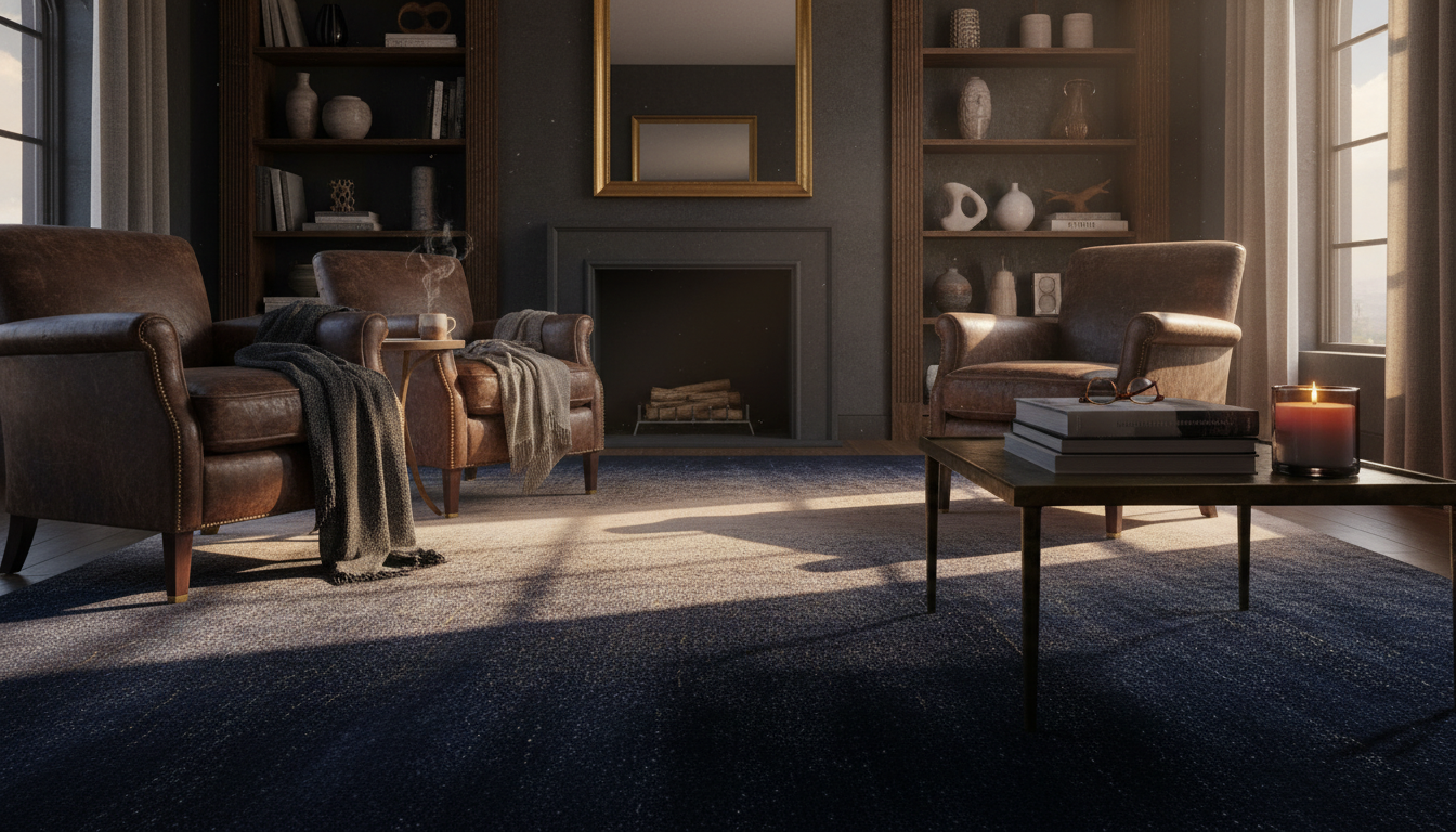 Luxury boho living room featuring a moon-dyed rug with shifting indigo and silver gradients.