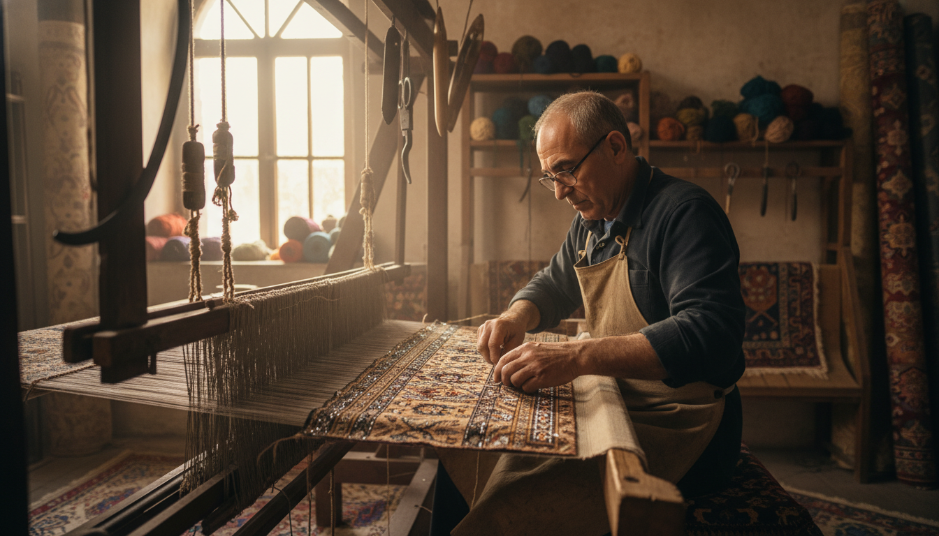 An artisan weaving precious metal-infused rugs using traditional hand-knotting techniques.