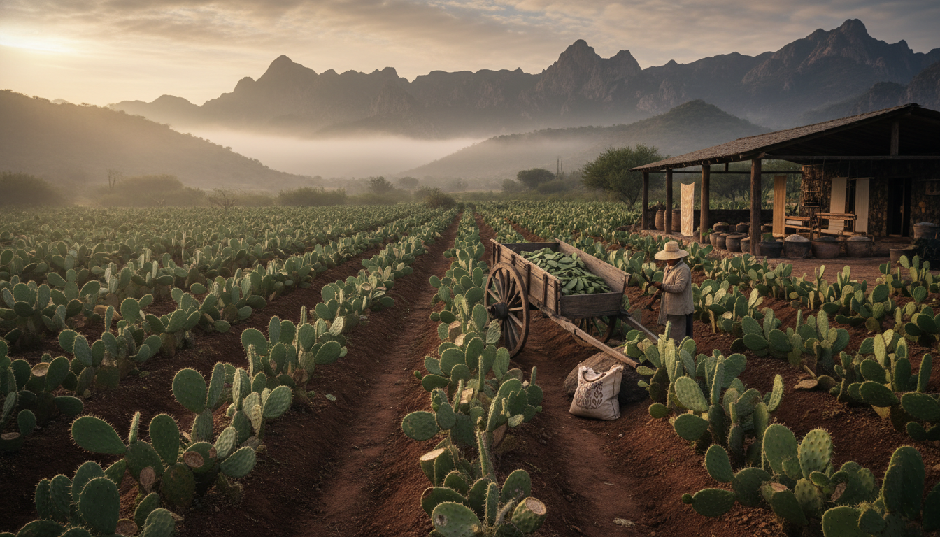 Sustainable Nopal cactus plantation in Mexico, the ethical source for vegan leather rug fibers.