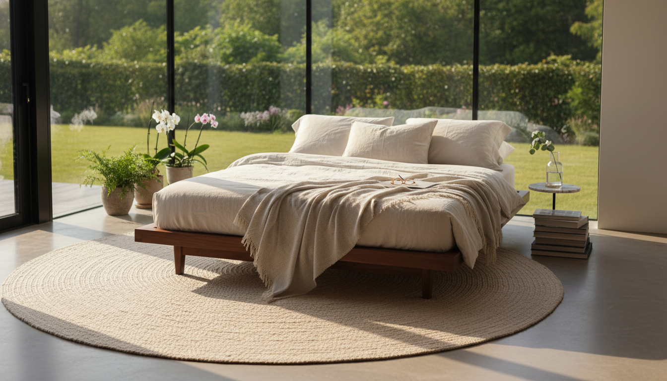 Wide-angle view of a biophilic bedroom design featuring a circular lotus silk rug as a grounding element for 2026 interior styles.