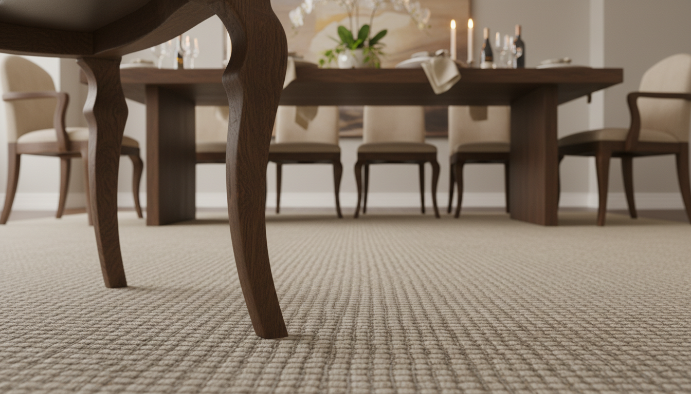 Close-up of a dining chair on a low-pile rug illustrating the correct size and texture for ease of movement.