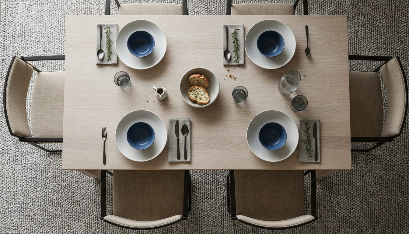 Properly sized dining room rug ensuring all chair legs remain on the surface for safety and aesthetic balance.