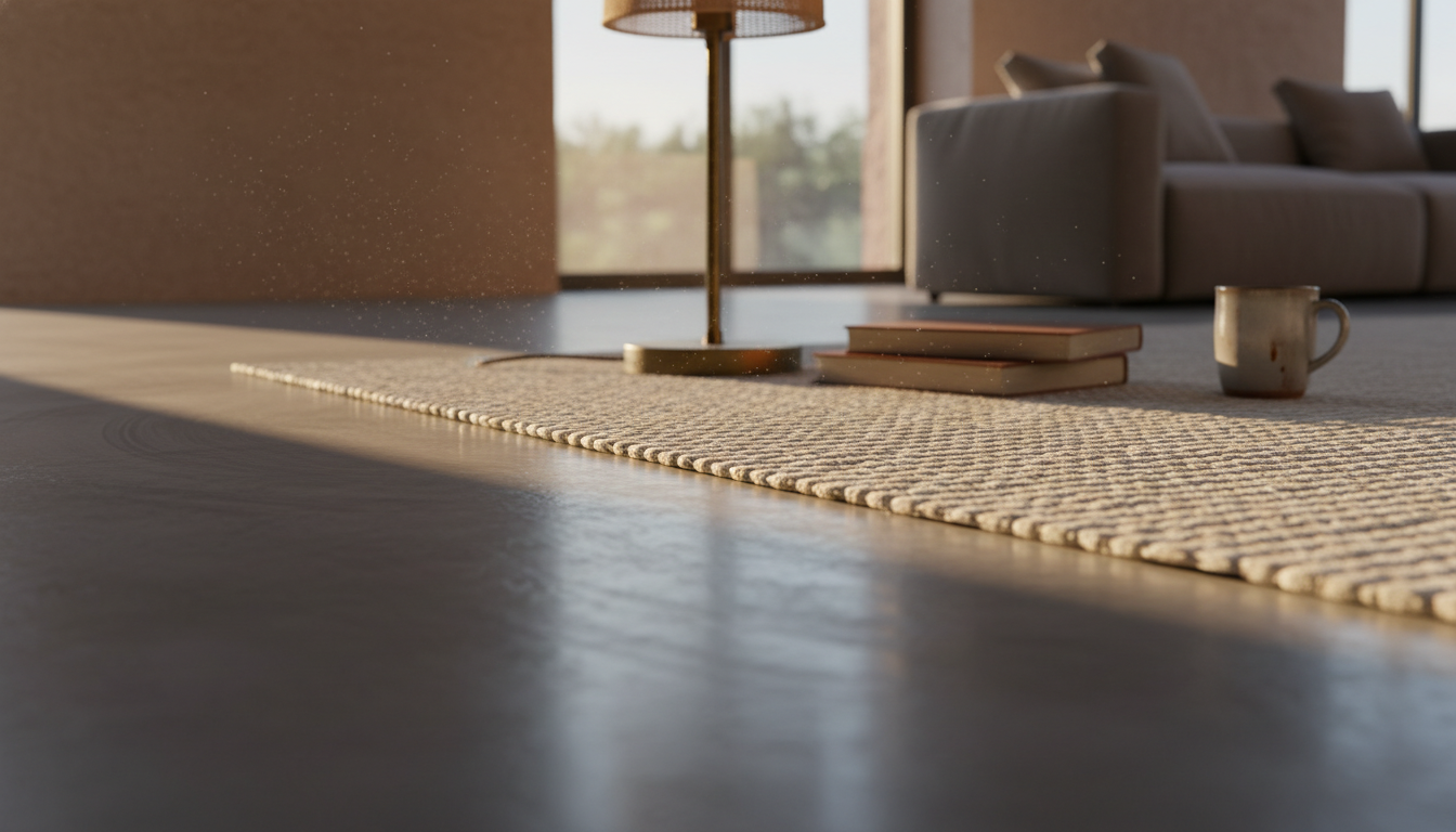 Atmospheric interior shot highlighting the clean and hypoallergenic properties of Korean paper rugs during golden hour.