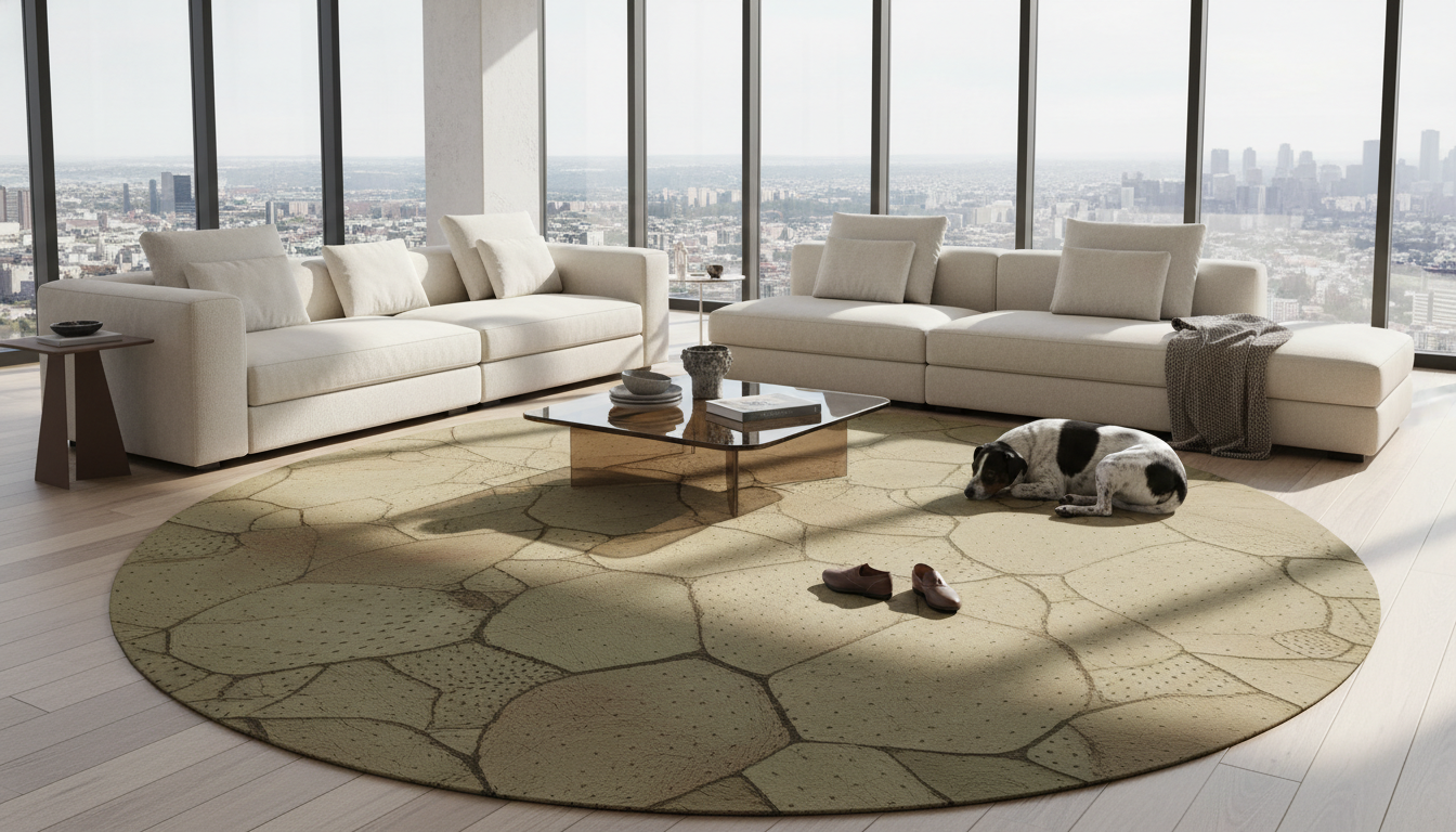 A spacious modern living room with a durable vegan leather rug as the central design element in a high-traffic zone.