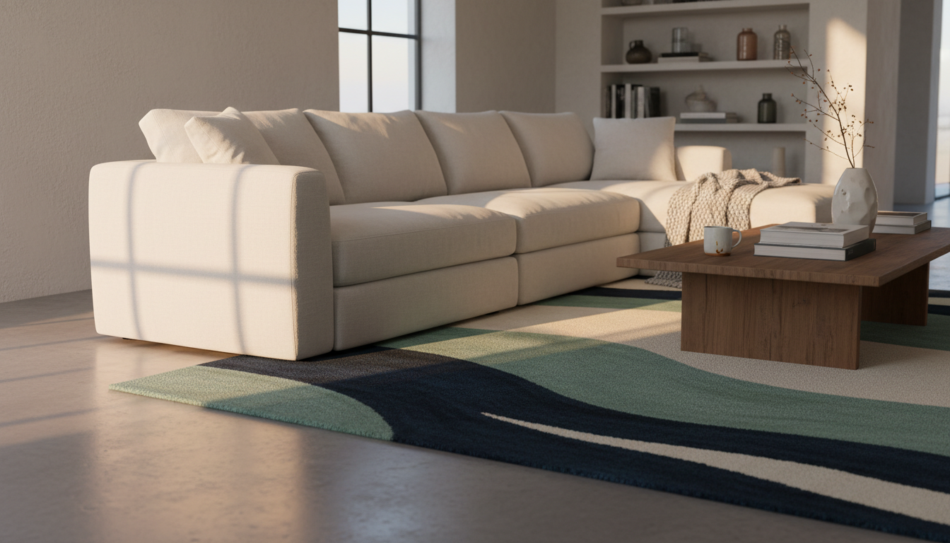 Luxurious white linen living room set centered around a cool-toned blue and green summer area rug.