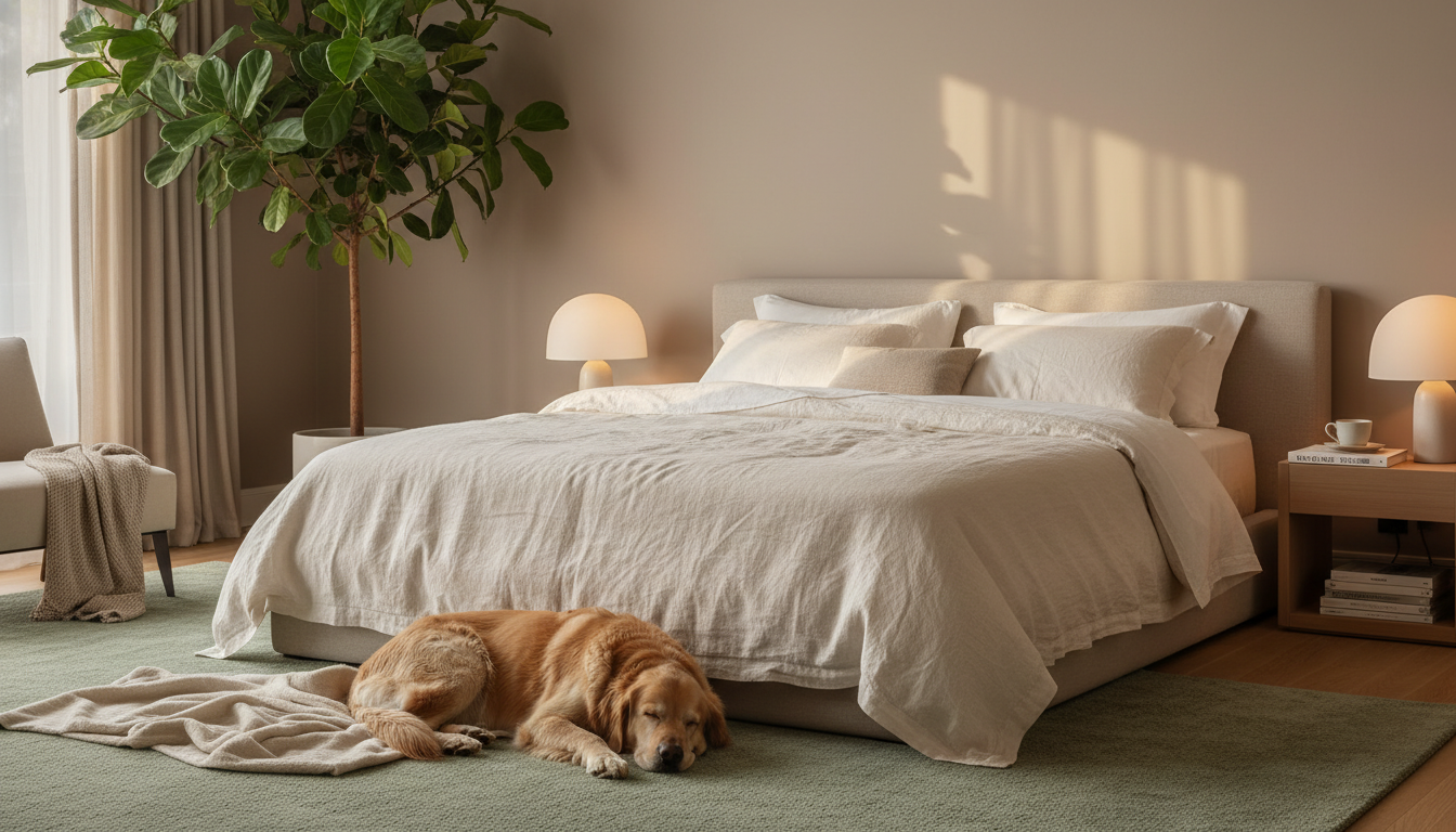 Muted sage green washable rug in a master bedroom with cream linen bedding.