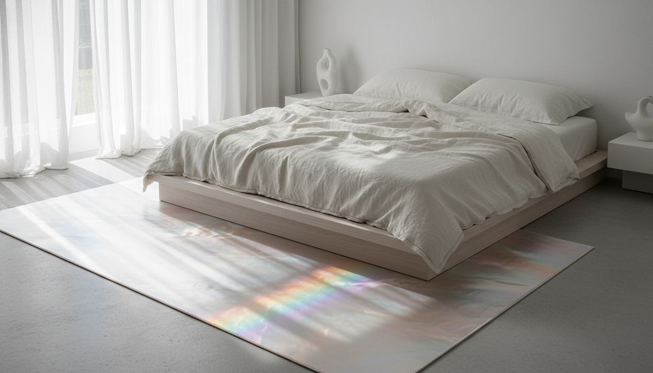 Pearlescent white structural-color rug with rainbow diffraction in a minimalist linen-themed bedroom.