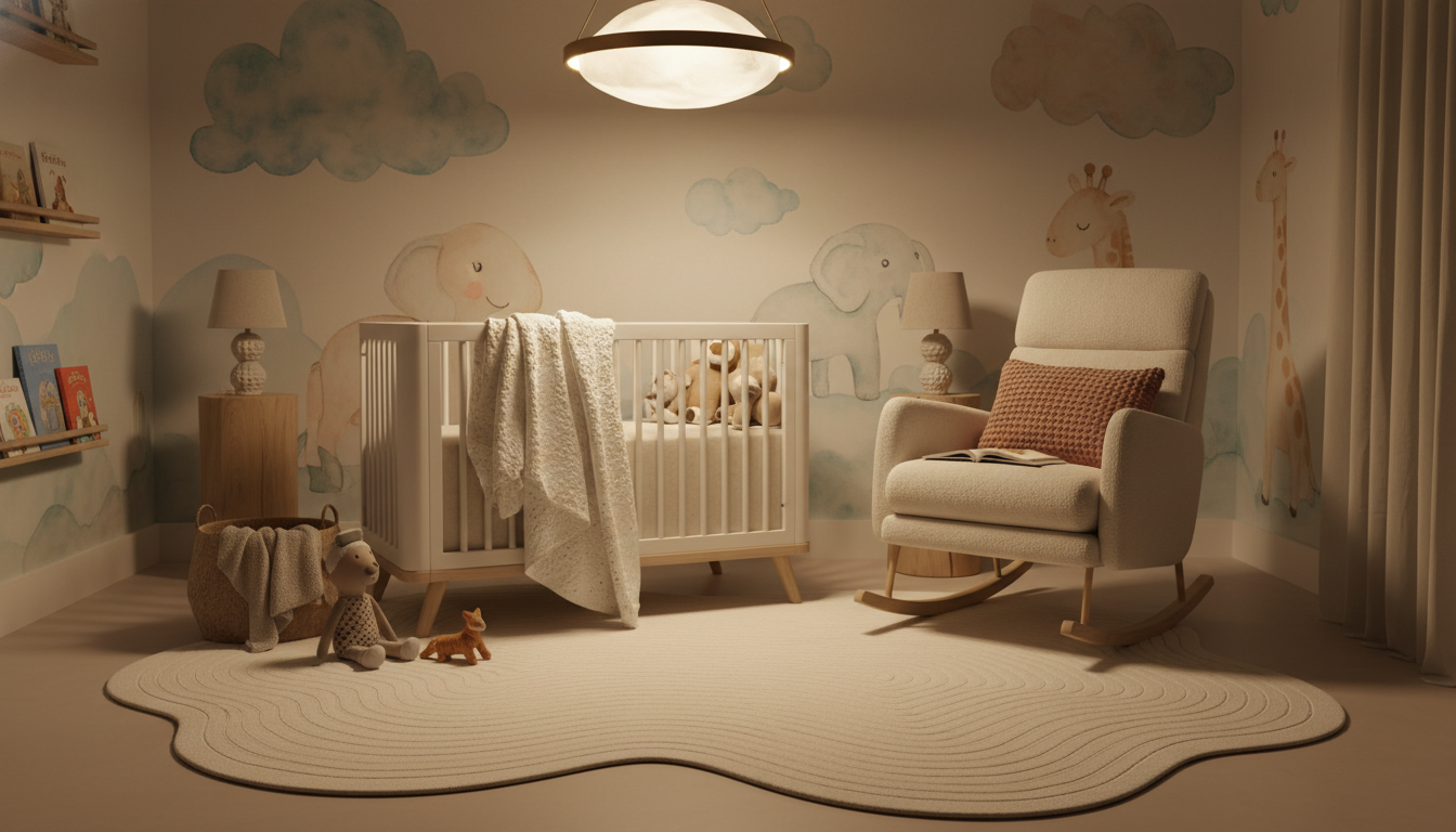 Ethereal cream bio-polymer rug in a minimalist nursery with ash wood furniture.