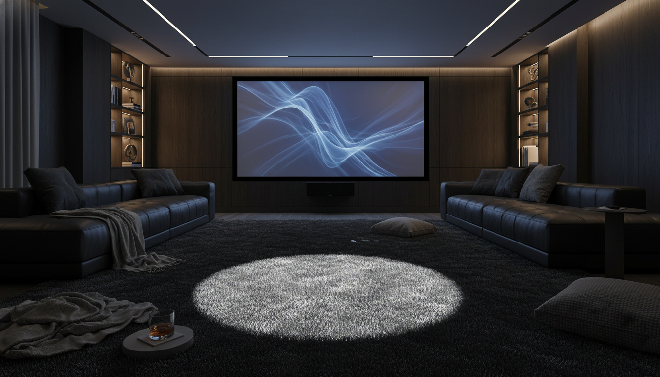 Deep charcoal rug under a focused spotlight creating a dramatic and luxurious atmosphere.