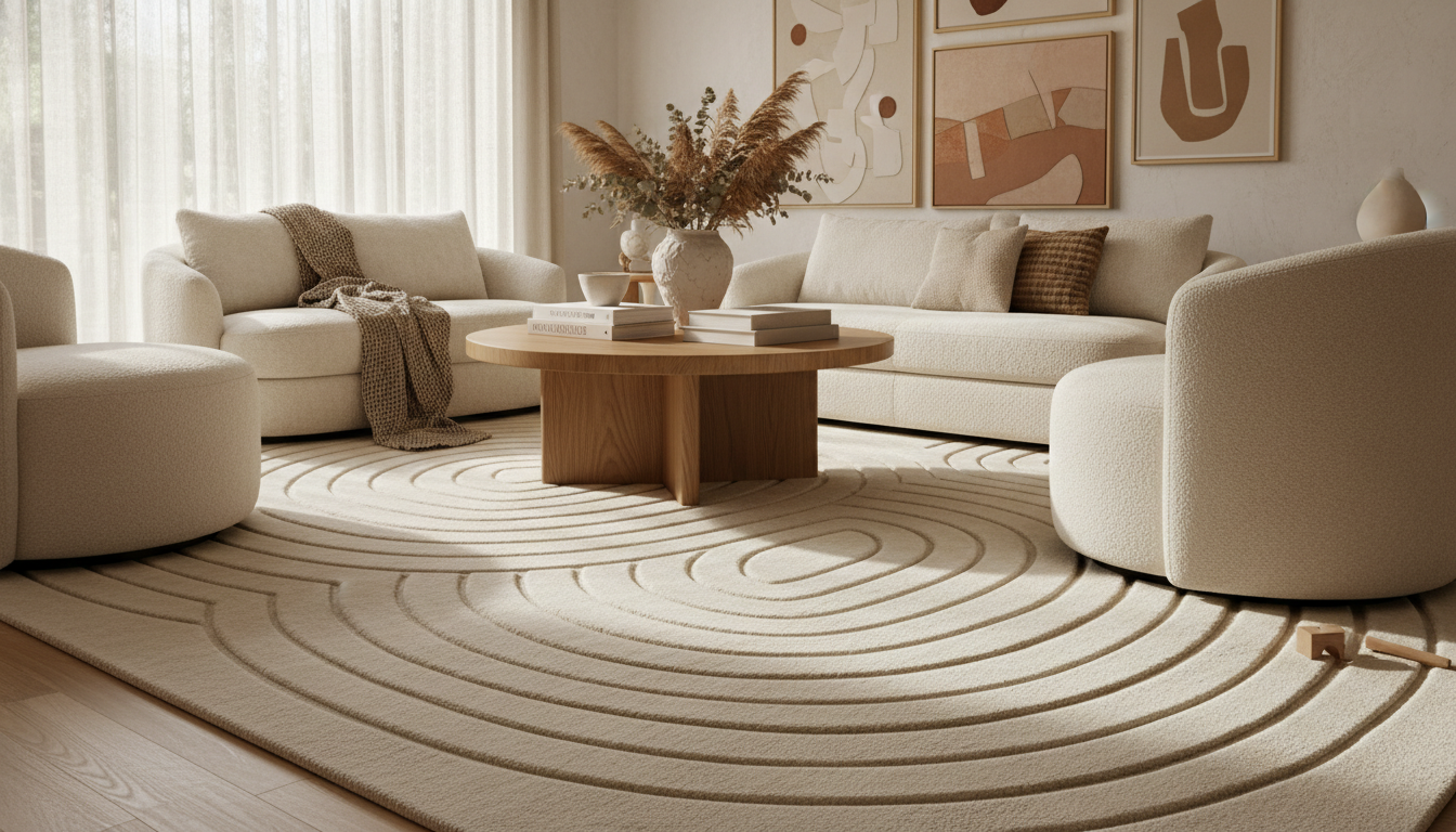A warm camel-toned sculpted rug in a communal living area designed to foster emotional warmth and social connection.