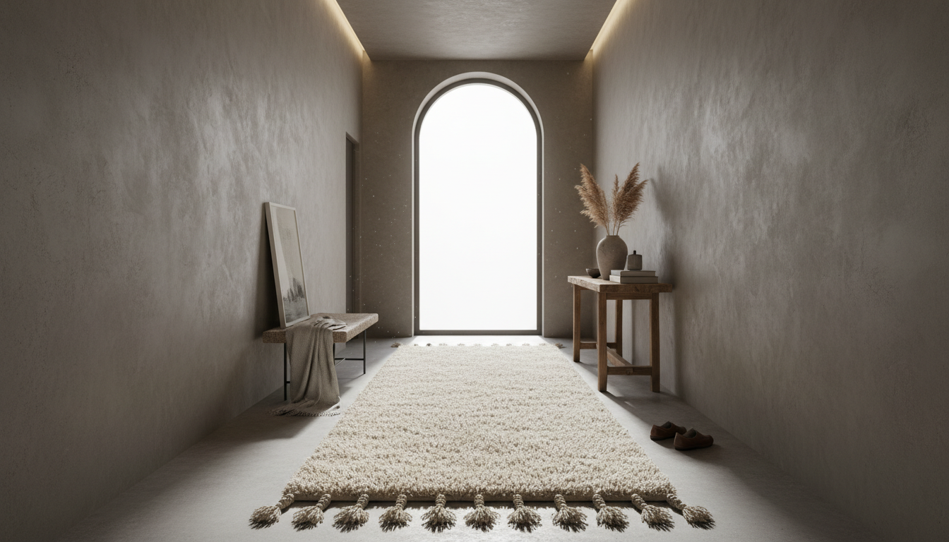Thick wool runner in a hallway demonstrating acoustic dampening properties to reduce ambient noise stress.