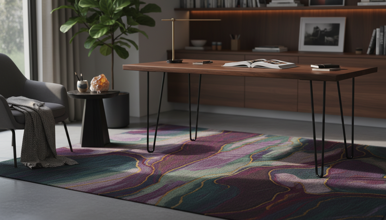 Home office wealth corner featuring a purple rug, wooden furniture, and prosperity-enhancing crystals.