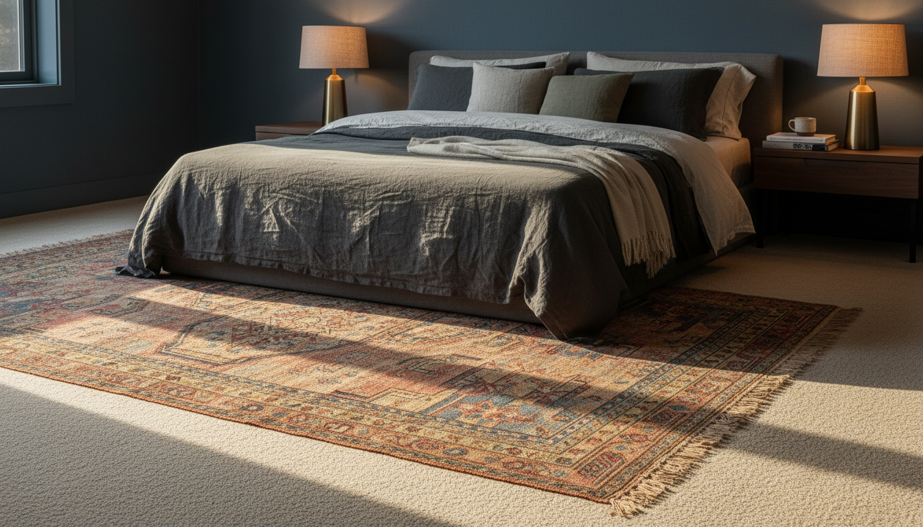 A cozy master bedroom featuring a vintage Persian rug layered over a neutral beige carpet for a luxurious look.