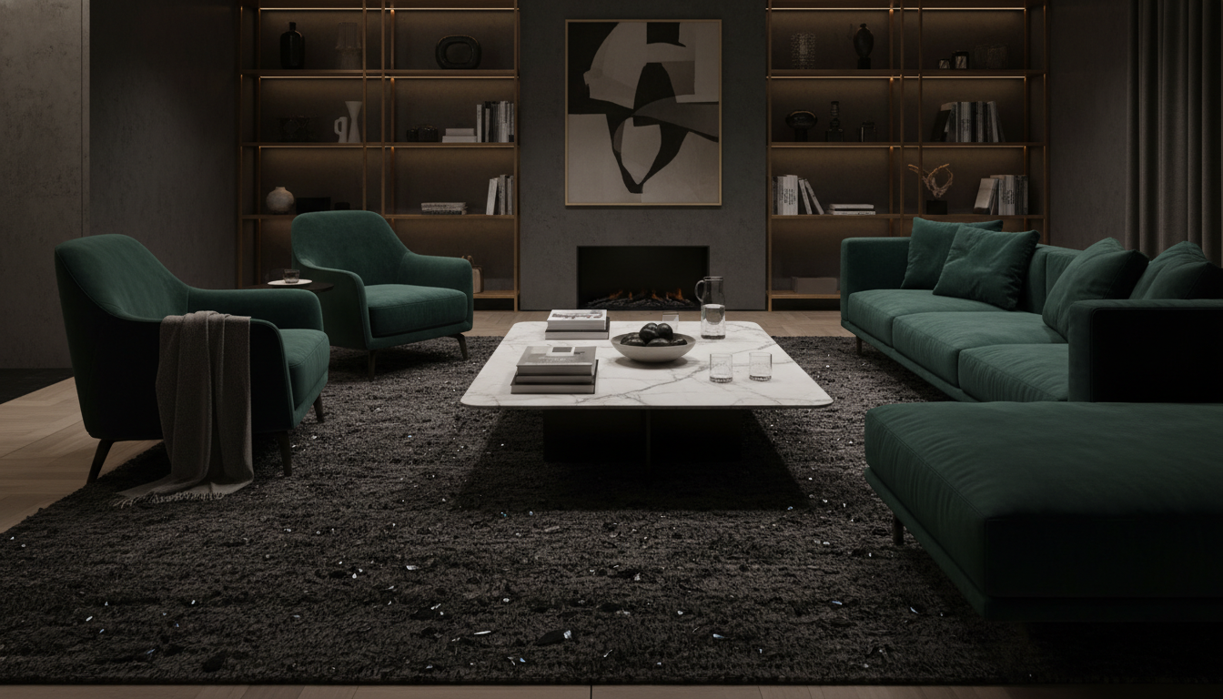 A large charcoal textured rug grounding a luxury lounge with emerald velvet furniture and marble accents.