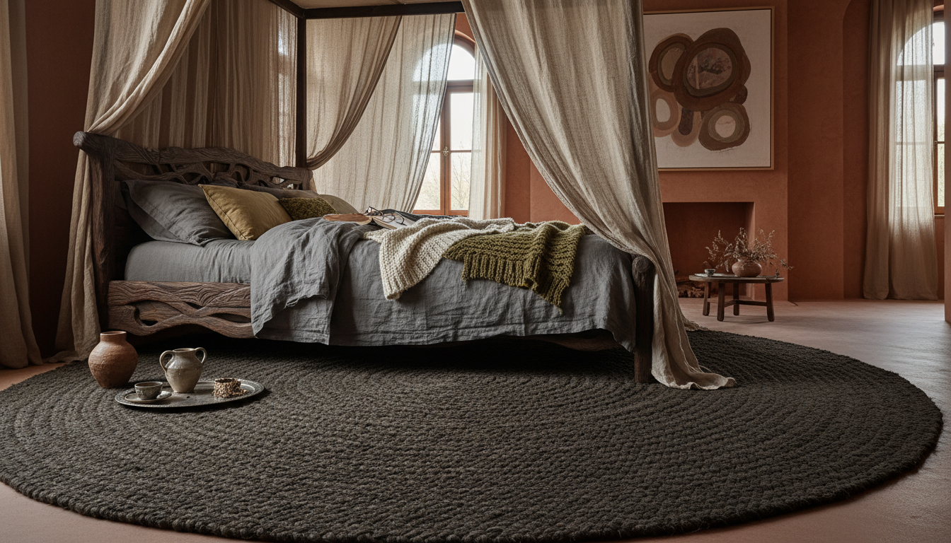 Artisanal circular peat fiber rug 2026 styled in a luxury boho bedroom suite.