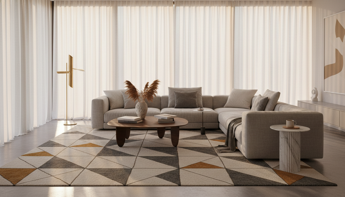 A luxurious sun-lit living room with a premium rug, showcasing the aesthetic beauty of natural light and the need for UV protection.