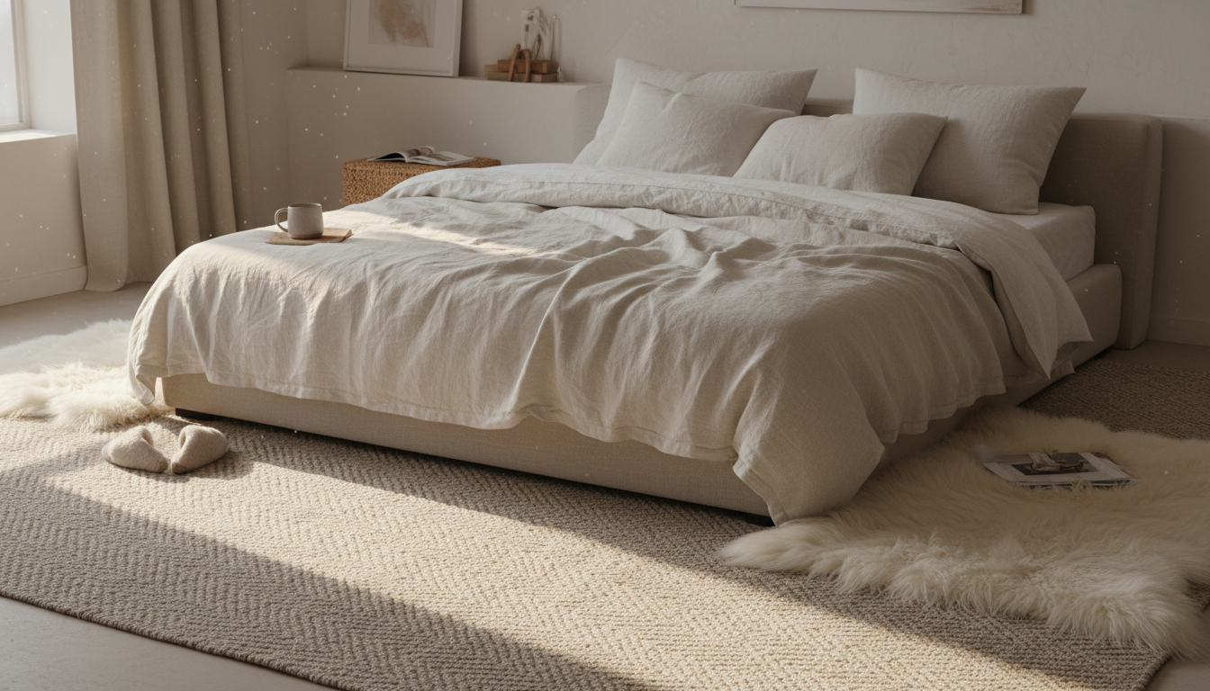 Bedroom rug layering strategy showing soft accent rugs placed over a large area rug for maximum morning comfort.