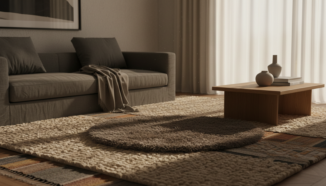 A luxury minimalist living room showcasing the practical beauty of layering a regenerative wool rug over a natural jute base for added durability.