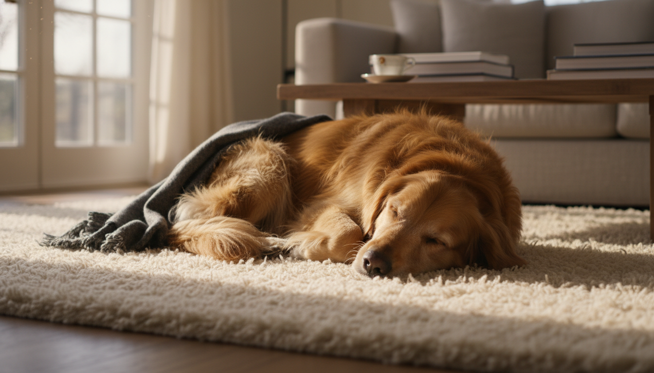 A calm dog resting on a specialized anxiety-reducing rug in a high-end residential setting.