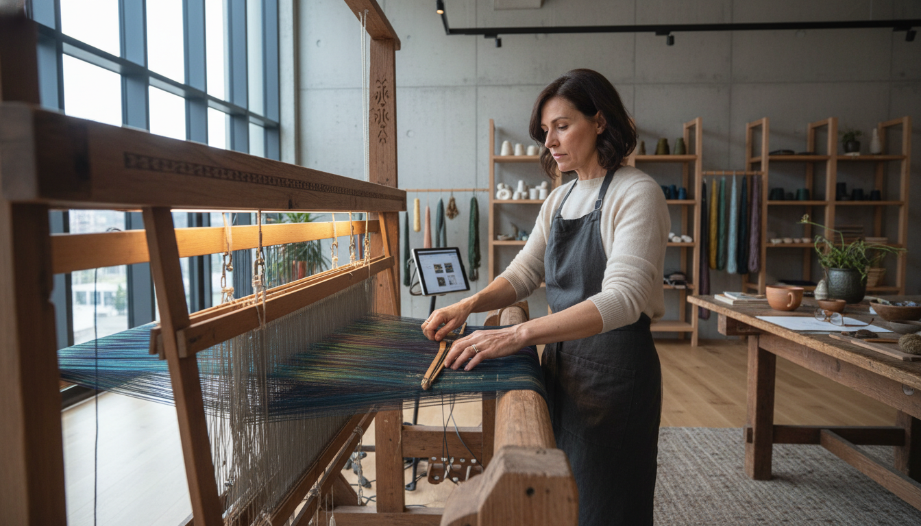 An artisan weaving an air-ionizing rug on a traditional loom, representing the fusion of heritage craftsmanship and modern wellness technology.