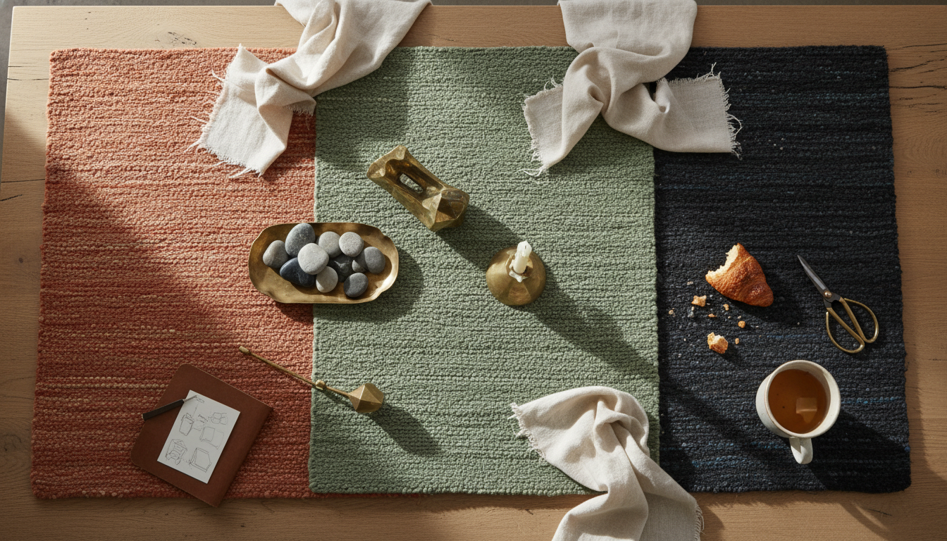 A curated flat lay of rug samples showing the color palette and material textures of the 2026 graphene-infused rug collection.