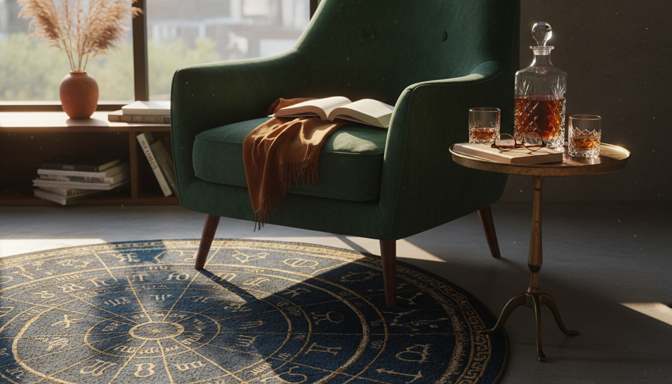 A sophisticated reading nook at sunset featuring a birth chart rug and velvet textures for a luxury boho feel.