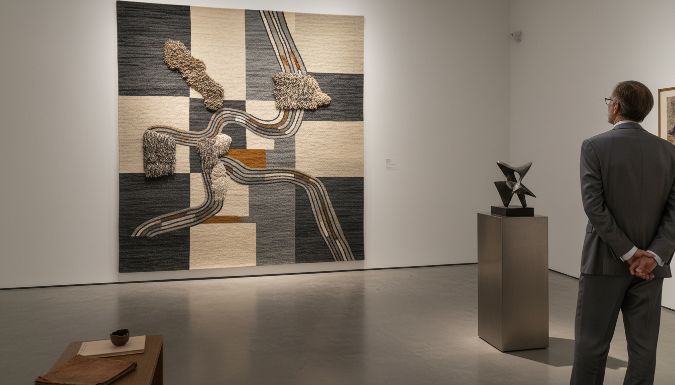 An avant-garde glitch Persian rug displayed as fine art in a luxury gallery setting.