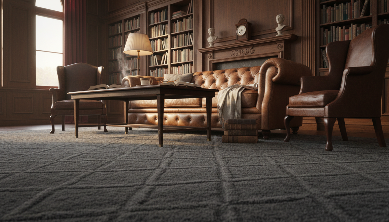 Masculine charcoal rug and cognac leather furniture in a classic study.