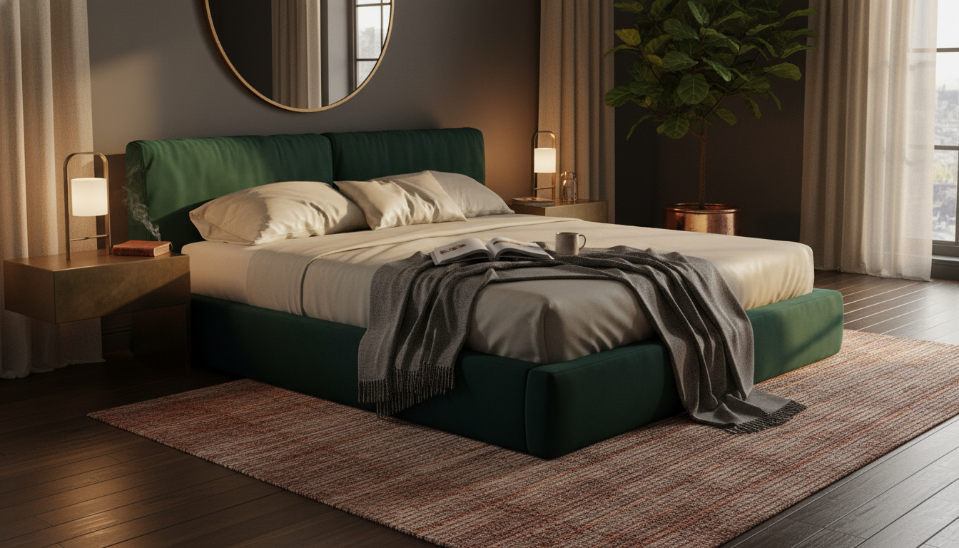 Luxury bedroom featuring a copper-toned precious metal-infused rug during golden hour.