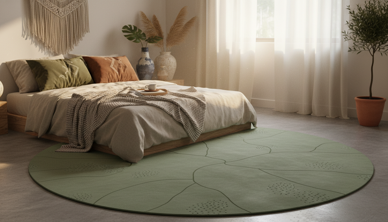 Modern boho bedroom styled with a sage green cactus leather rug and natural linen elements.
