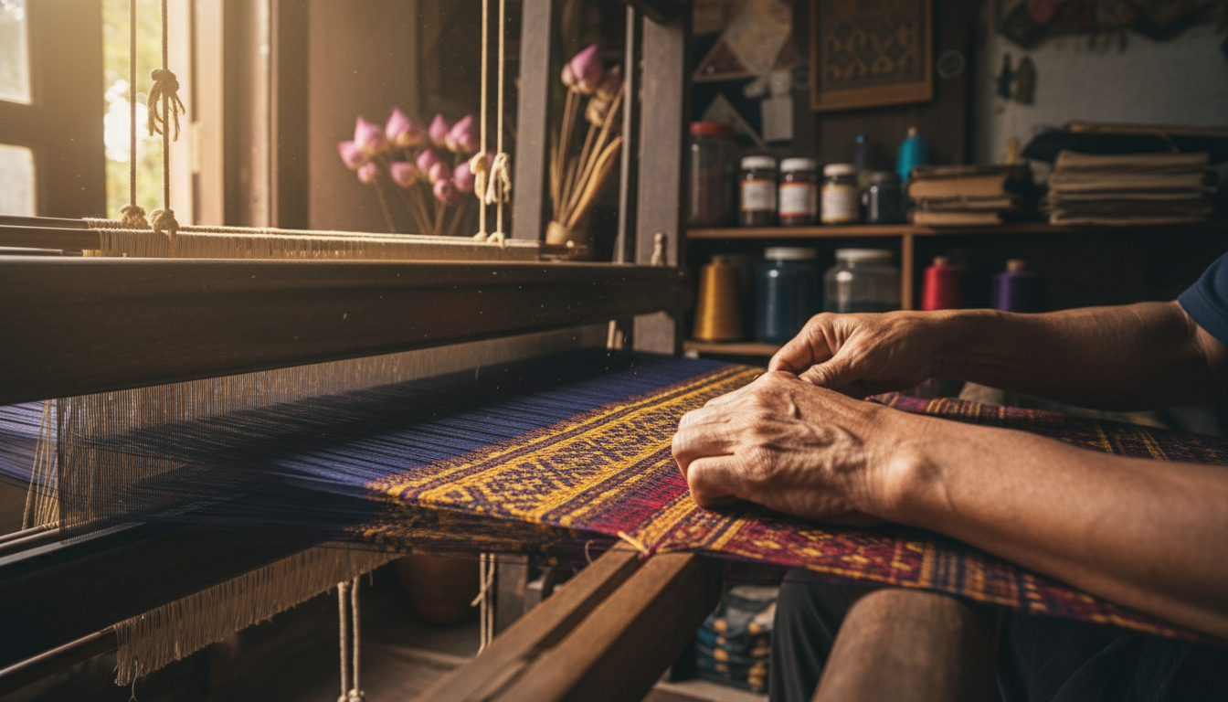 Cinematic shot of a master weaver hand-knotting a lotus silk rug, emphasizing the artisanal value and heritage quality of the piece.