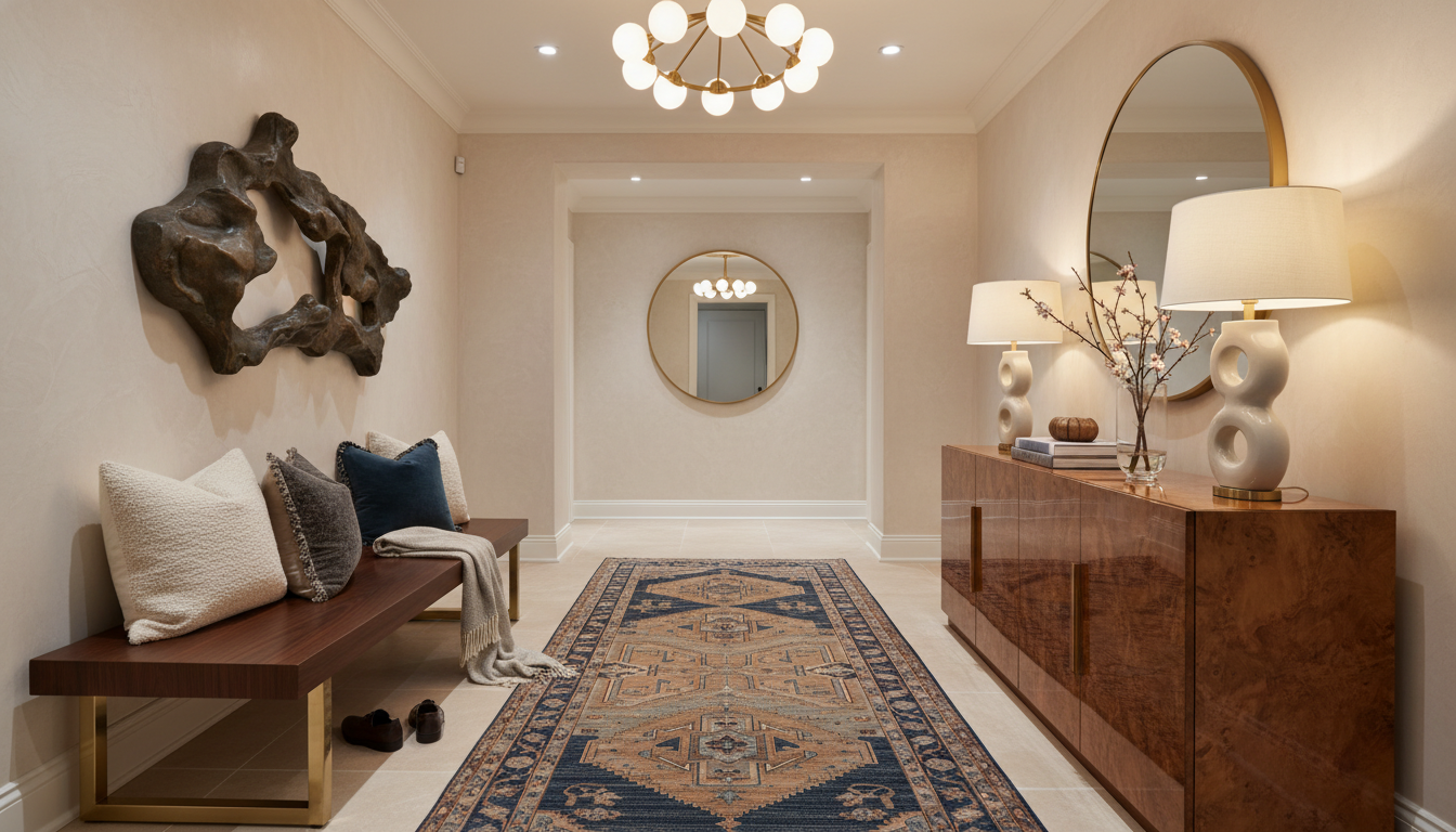Elegant entryway runner rug creating a welcoming transition and guiding the flow of the home.