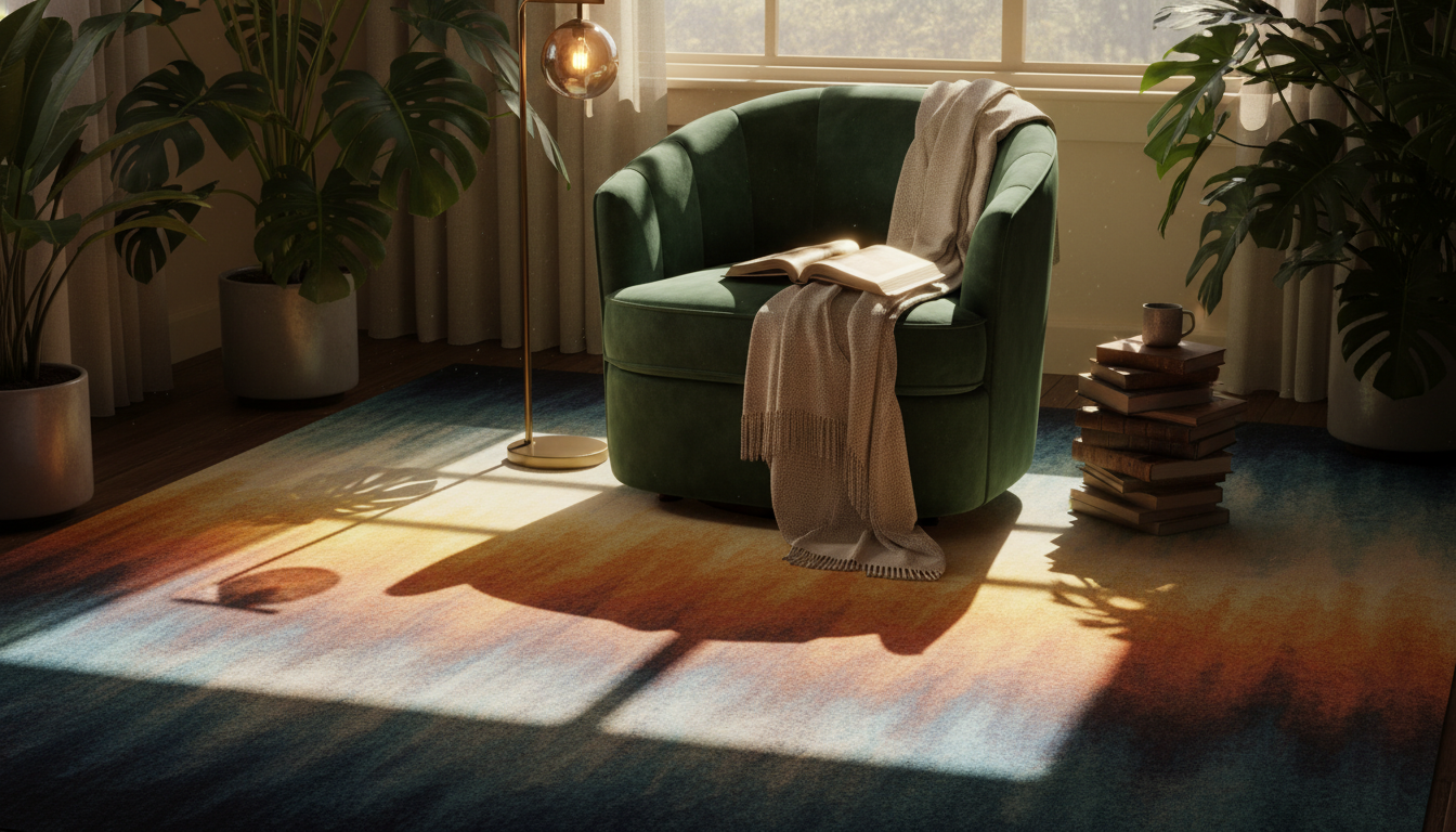 A bohemian-style reading nook styled with a luxury gradient rug during the golden hour.