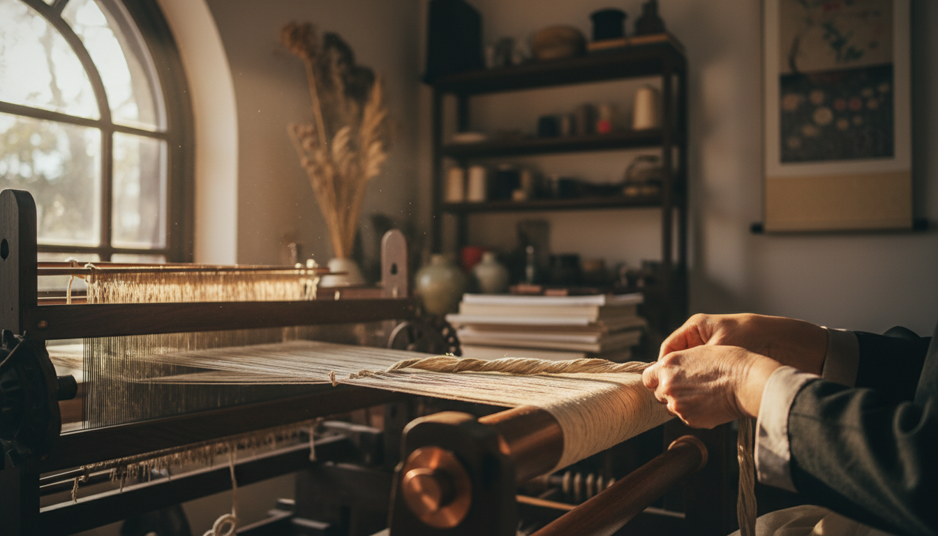 Artisan hands weaving traditional mulberry paper yarn on a loom for high-end rug production.