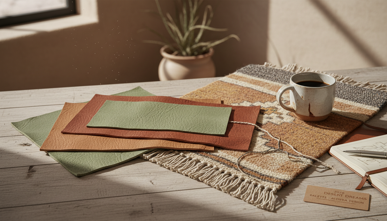Collection of cactus leather swatches in earthy tones representing the 2026 interior design trends for sustainable rugs.