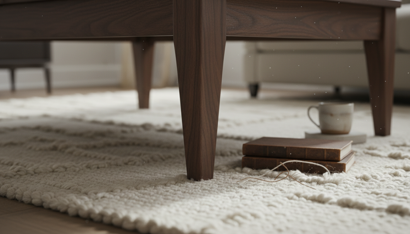 Sophisticated walnut furniture legs contrasting against a light-colored summer rug texture.