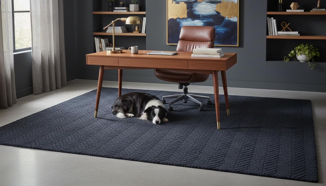Navy herringbone washable rug in a mid-century modern home office with a leather chair.